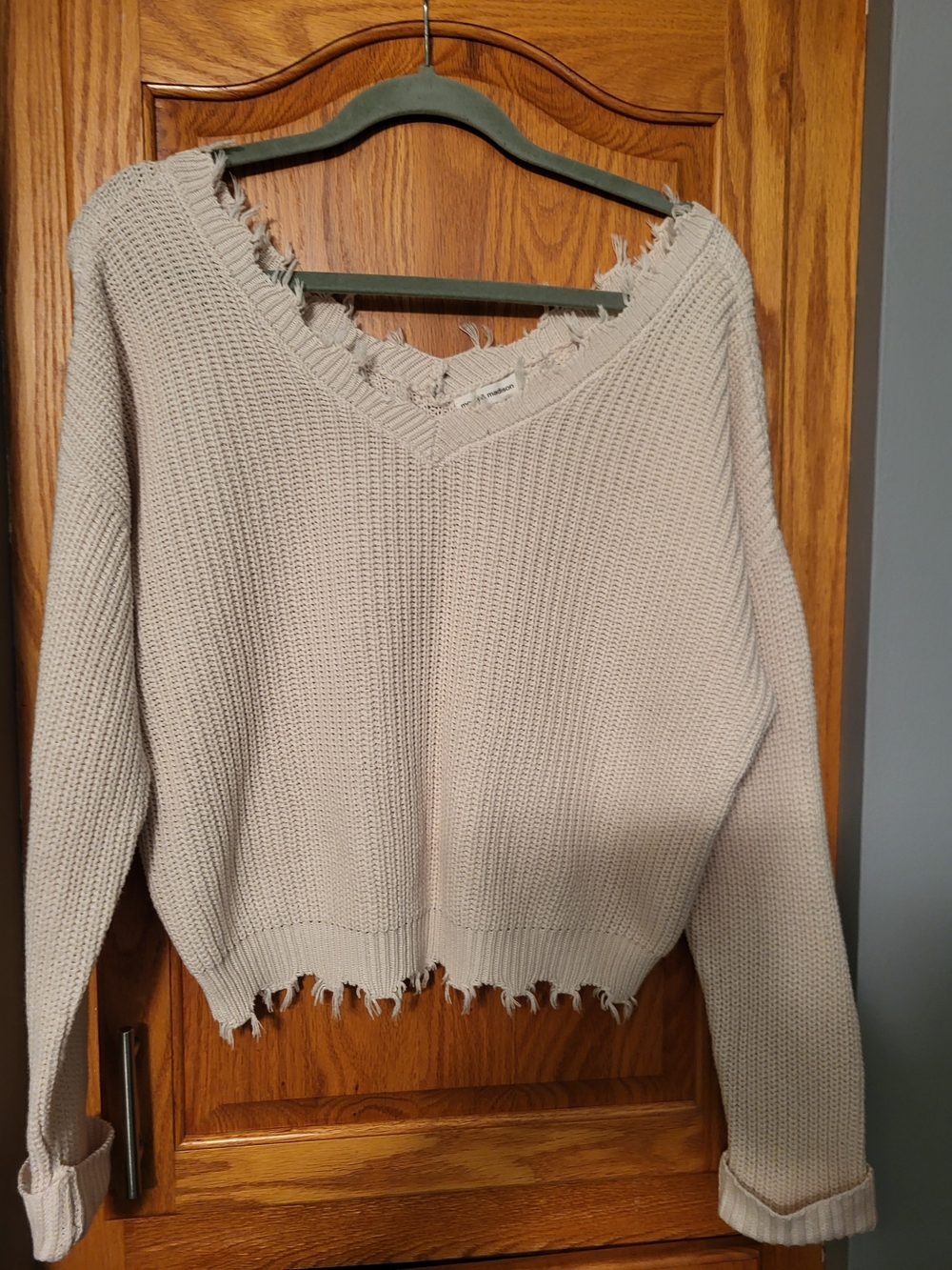 moon & madison Light Beige Distressed V-Neck Sweater